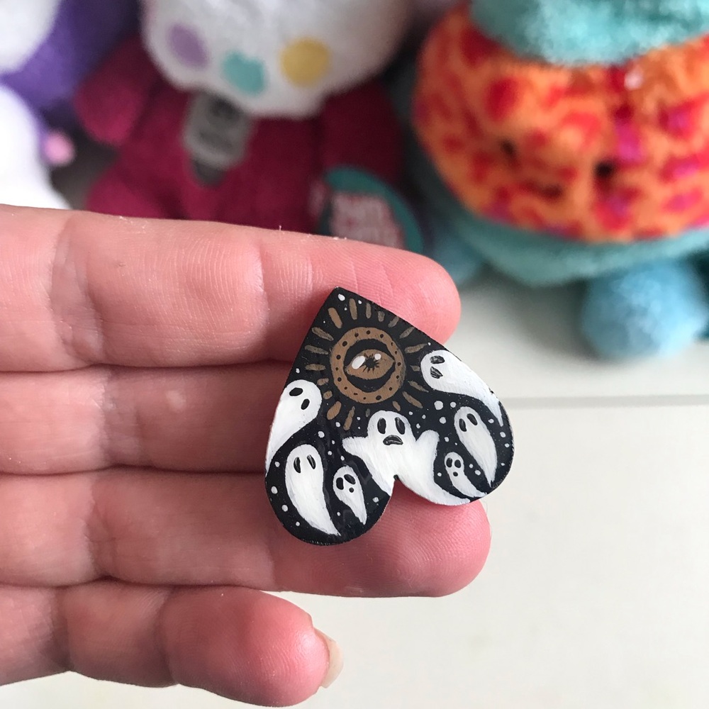 Hand-Painted Ghost Heart Pin - Black & White Kids Accessory